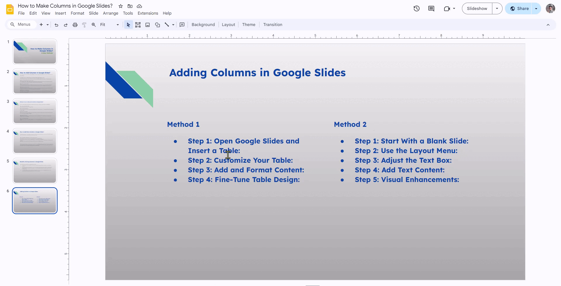 add more columns in google slides
