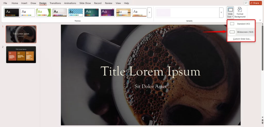 Click Slide Size and then click on Custom Slide Size