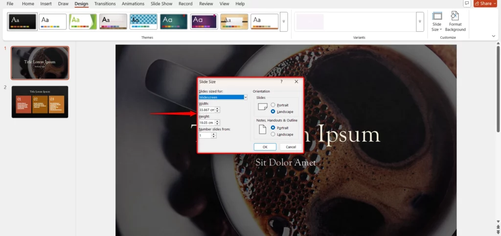 In the dialog box, enter your desired width and height