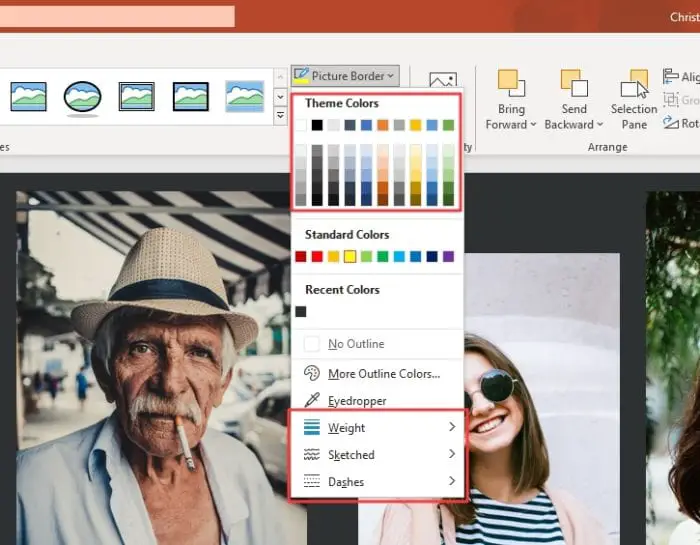 Go to Picture Border and adjust the Color, Weight, Sketches, and Dashes