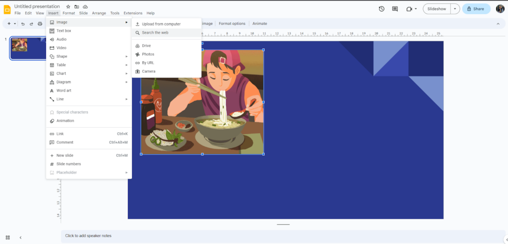 Open Search the Web Option in Google Slides