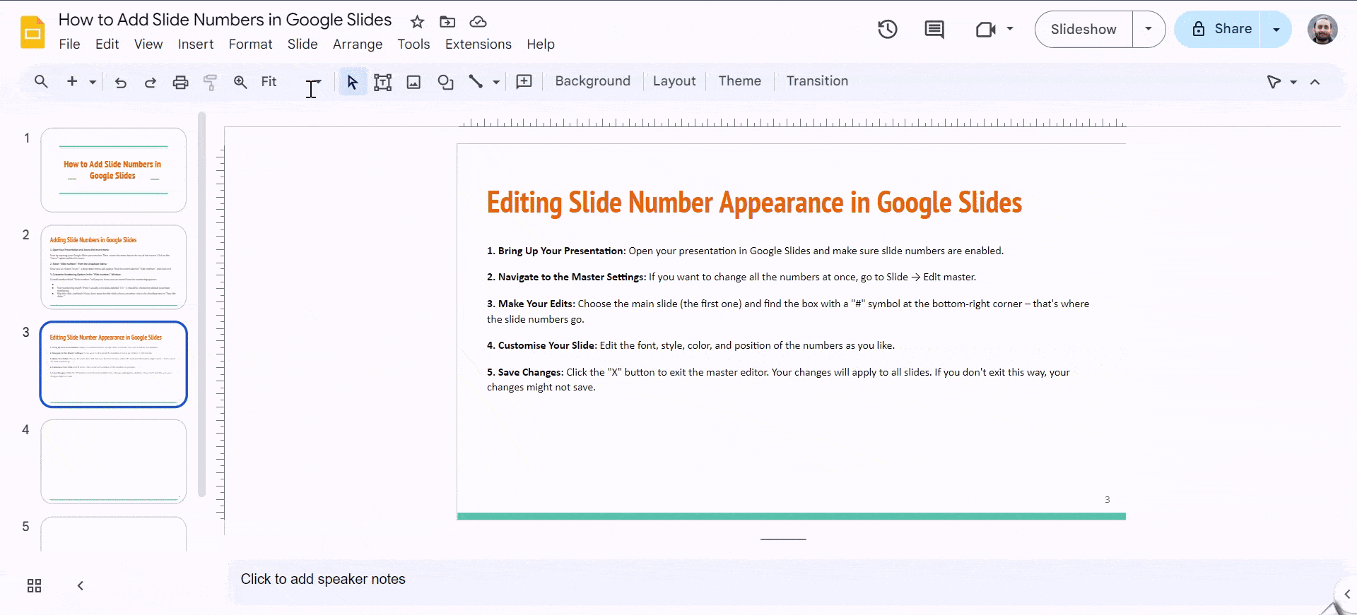 Editing Slide Number Appearance in Google Slides