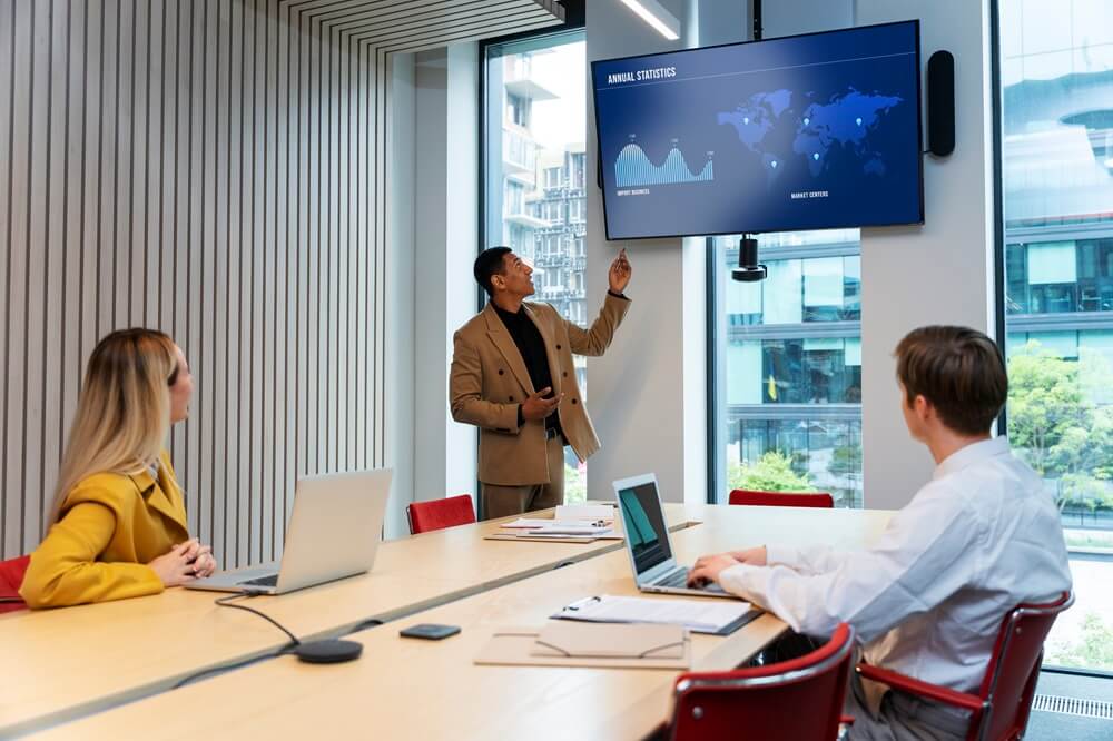 team members discussing on annual stats