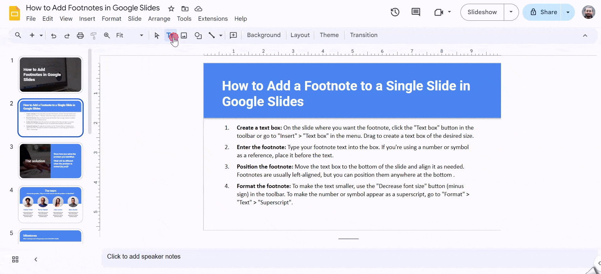 How to add a footnote to a single slide in Google Slides