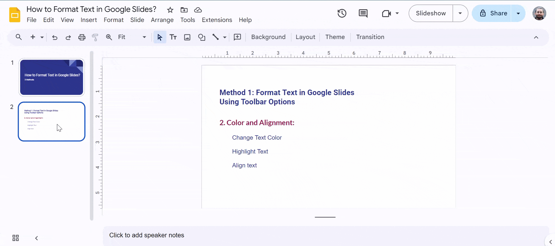 Change text color and alignment in Google Slides