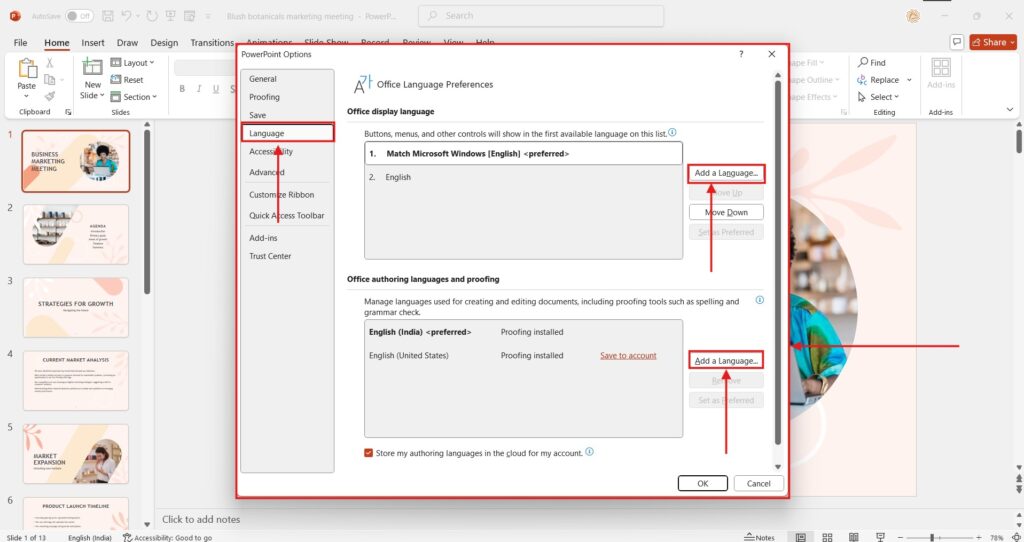 go to powerpoint options and language