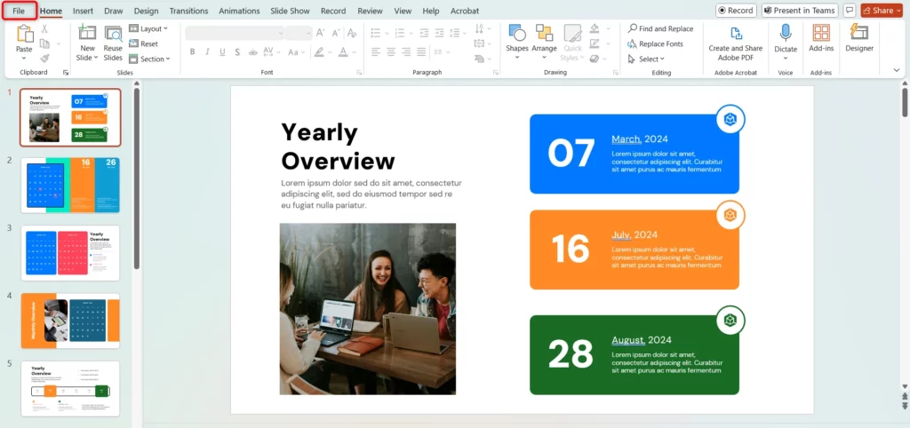 Open PowerPoint presentation and select File option