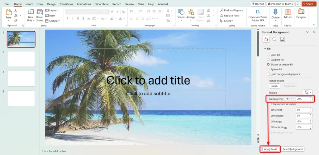 Adjust the background after inserting a picture as a background in PowerPoint