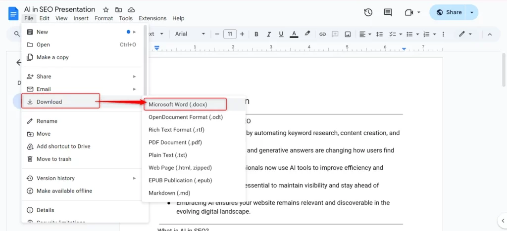 Convert Google doc in Microsoft word file.